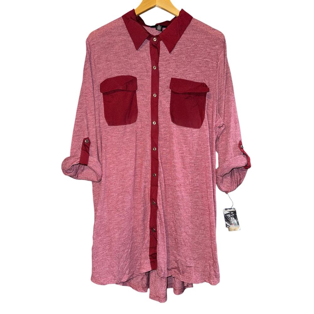 NWT Style & Co Button Up Roll Tab Sleeve Shirt Women's 3X Pockets Relaxed Casual
